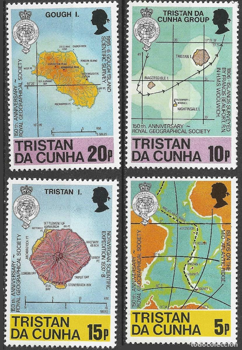 Sellos: TRISTAN DA CUNHA/1980/MNH/SC#283-6/ SOCIEDAD REALGEOGRAFICA, 150&ordm; ANIV/ MAPAS/ EXPEDIC/ FULL SET
