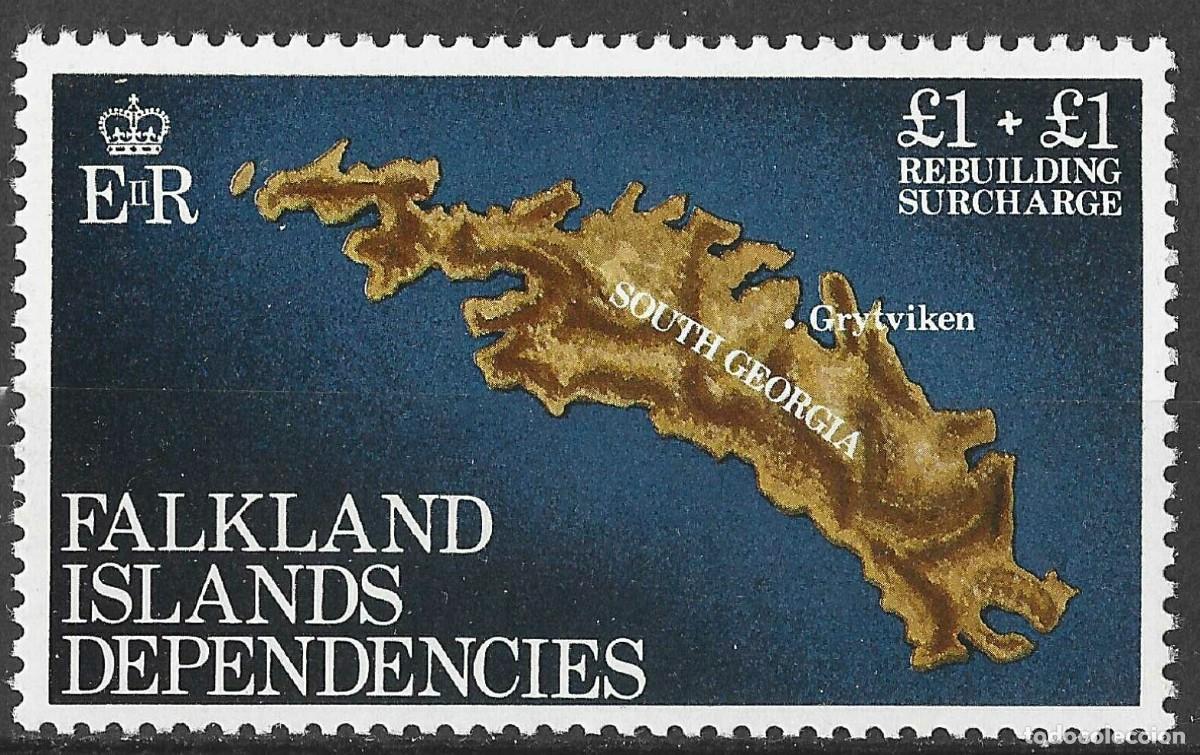 Sellos: FALKLAND ISLANDS/1982/MNH/SC#1LB1/ MAPA DE SOUTH GEORGIA / EMISON RECONSTRUCCION/ SEMI POSTAL