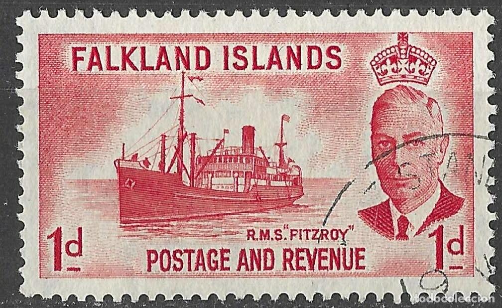 Sellos: FALKLAND ISLANDS/1952/USED/SC#108/ REY JORGE VI / KGVI / 1p SHIP R.M.S. FITZROY / REALEZA