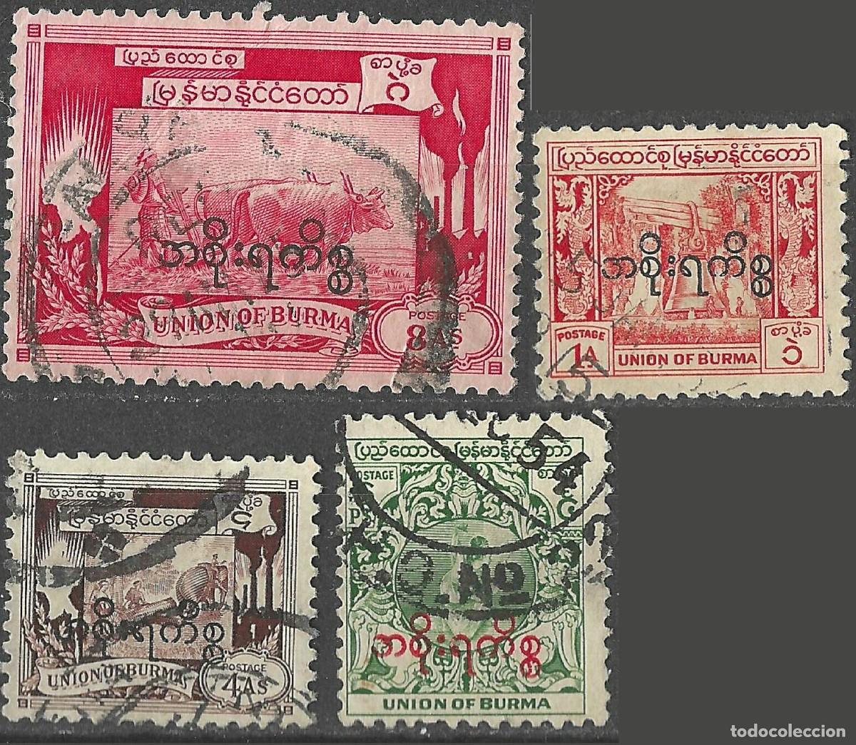 Sellos: BURMA/1948/USED/SC#O57, O59, O62-O63/CULTURA/ MUSICICO/ PALACIO REAL/ AVE MITICA / SELLO OFICIAL