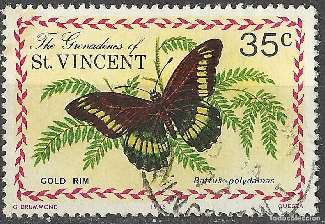 Sellos: ST. VINCENT GRENADINES/1975/USED/SC#62/ MARIPOSAS / 35c GOLD RIM