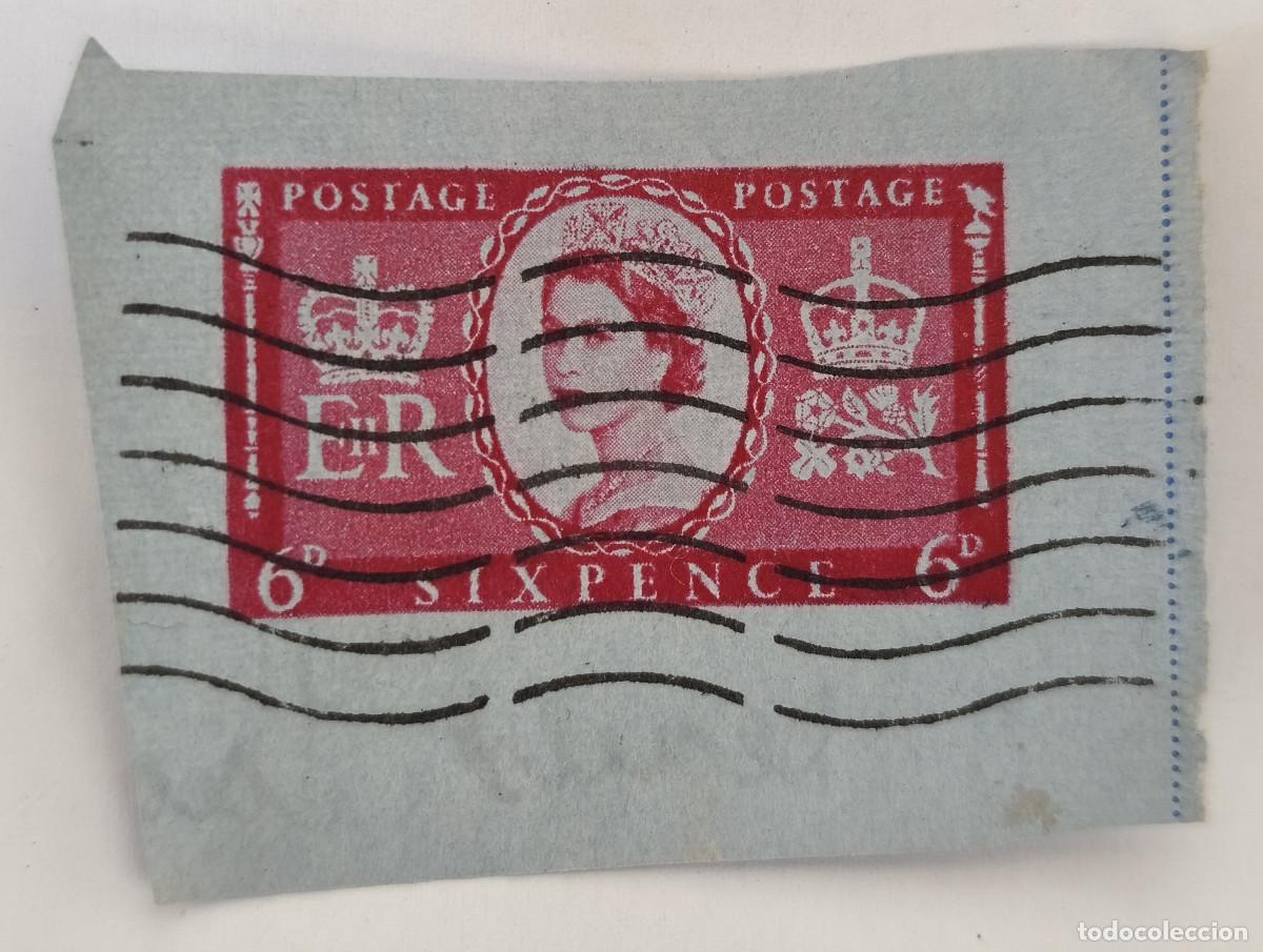 Sellos: USADO GB - Corona y Diadema Elizabet II, Six Pence - Grabado en el papel ( sobre ), no pegado