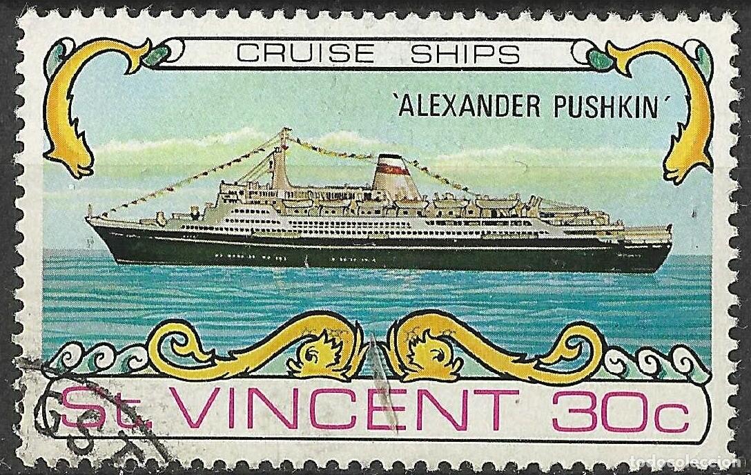 Sellos: ST. VINCENT/1974/USED/SC#373/ BARCO CRUCERO/ 30c ALEXANDER PUSHKIN