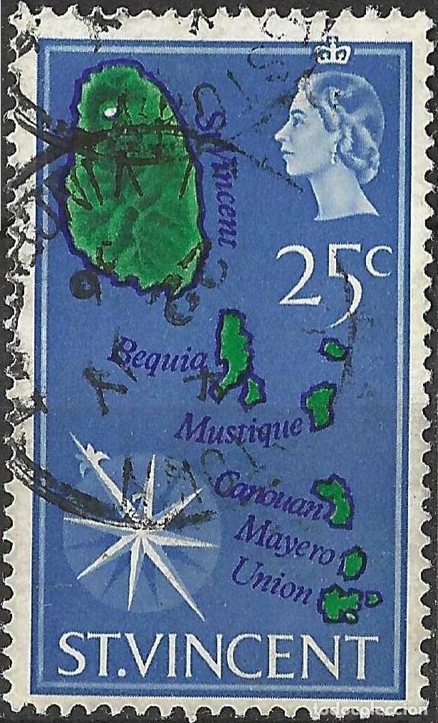 Sellos: ST. VINCENT/1965-7/USED/SC#236/ REINA ELIZABETH II /QEII/ MAPA/ 25c