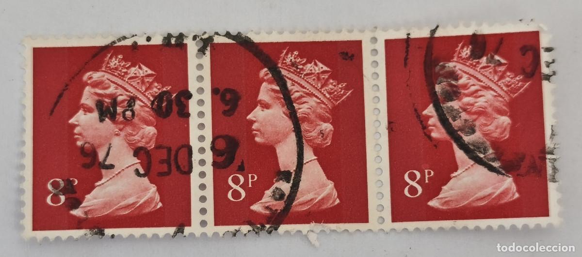 Sellos: USADO GB 1973 - Elizabet II 8 p Impreso a Maquina - Yvert 699 ( Bloque de 3 )