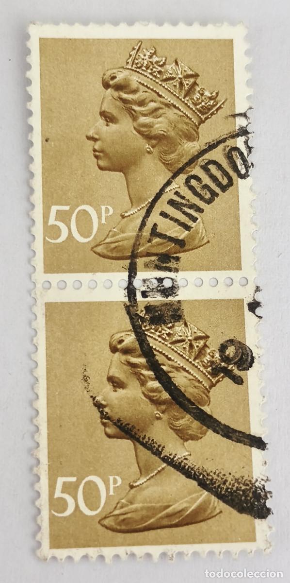 Sellos: USADO GB 1977 - Elizabet II 50 p Machin - Yvert 821 ( Bloque de 2 )