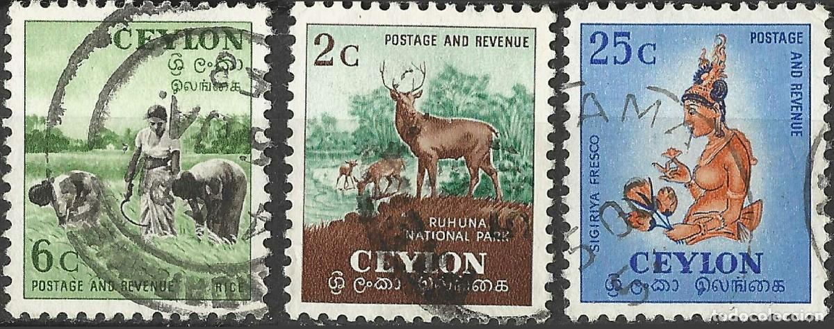 Sellos: CEYLON/1954/USED/SC#319, 321-2/ SAMBAR EN PARQUE NACIONAL RUHUNA/ ANIMALES/ CULTIVO ARROZ/ SIGIRIYA