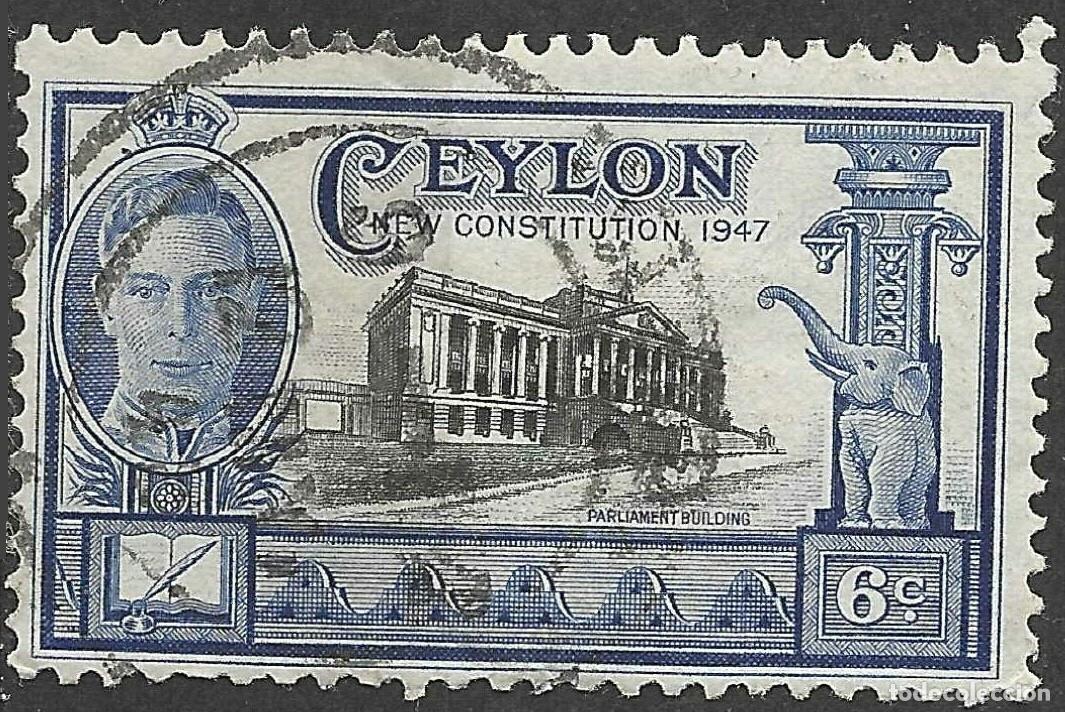 Sellos: CEYLON/1947/USED/SC#296/ REY JORGE VI/ KGVI / NUEVA CONSTITUCION/ 6c ULTRA PROFUNDO & NEGRO