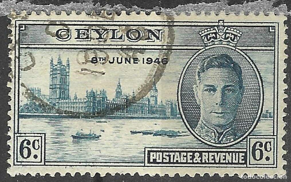 Sellos: CEYLON/1946/USED/SC#293/ EMISION DE PAZ, FIN WWII/ REY JORGE VI / KGVI / / 6c AZUL OSC