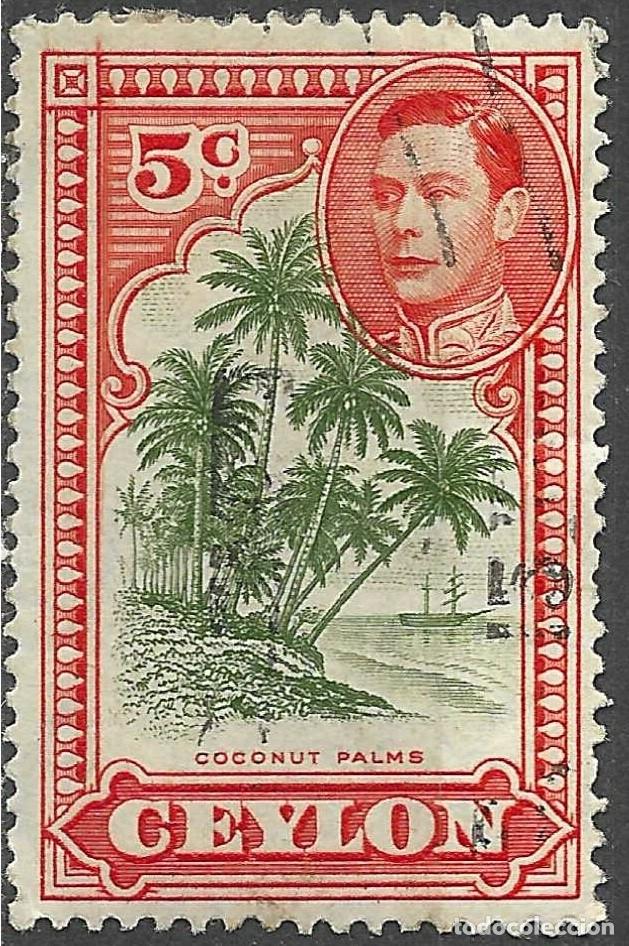 Sellos: CEYLON/1943-7/USED/SC#292/ REY JORGE VI/ KGVI/ PICTORIAL/ PALMAS DE COCOS