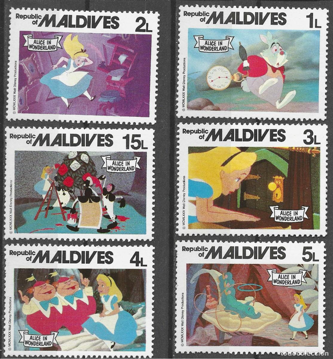 Sellos: MALDIVE ISLANDS/1980/MH/SC#887-92/ ALICIA EN EL PAIS DE LAS MARAVILLAS / PELICULA DE WALT DISNEY