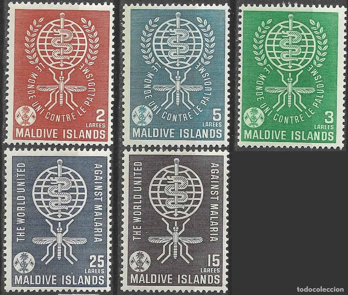 Sellos: MALDIVE ISLANDS/1962/MH/SC#87-9, 91-2/ WHO ERRADICACION DE LA MALARIA / SALUD