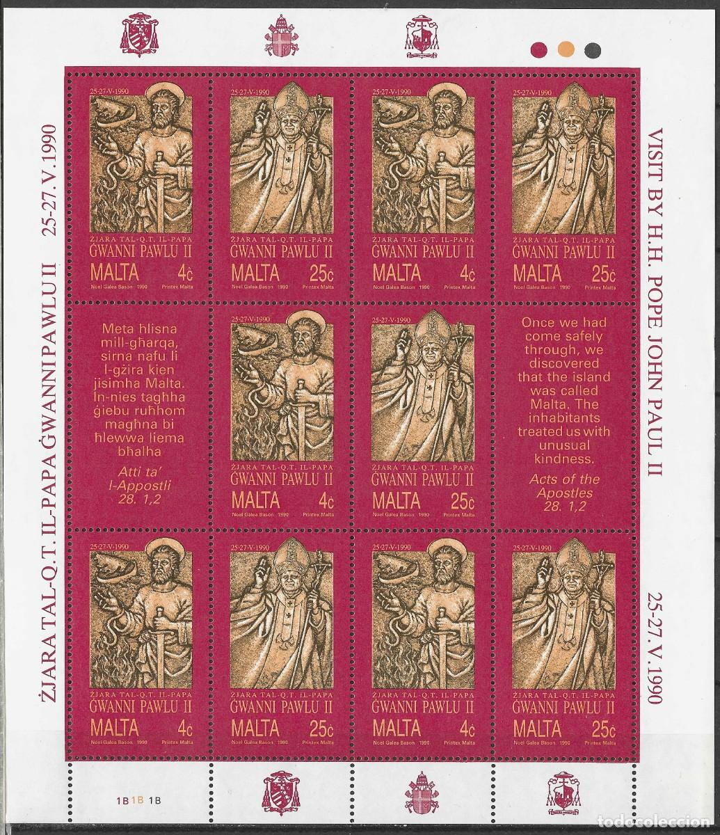 Sellos: MALTA/1990/MNH/SC#759-60a/ VISITA DEL PAPA JUAN PABLO II/ FULL SHEET
