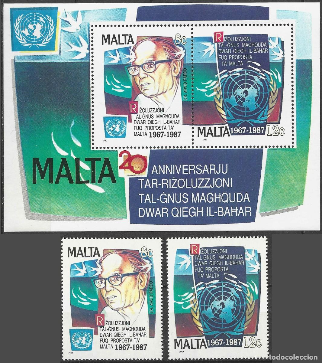 Sellos: MALTA/1987/MNH/SC#707-9/ RESOLUCION UN EL USO PACIFICO DE RECURSO MARINOS/ DR ARVID PARDO/ FULL SET