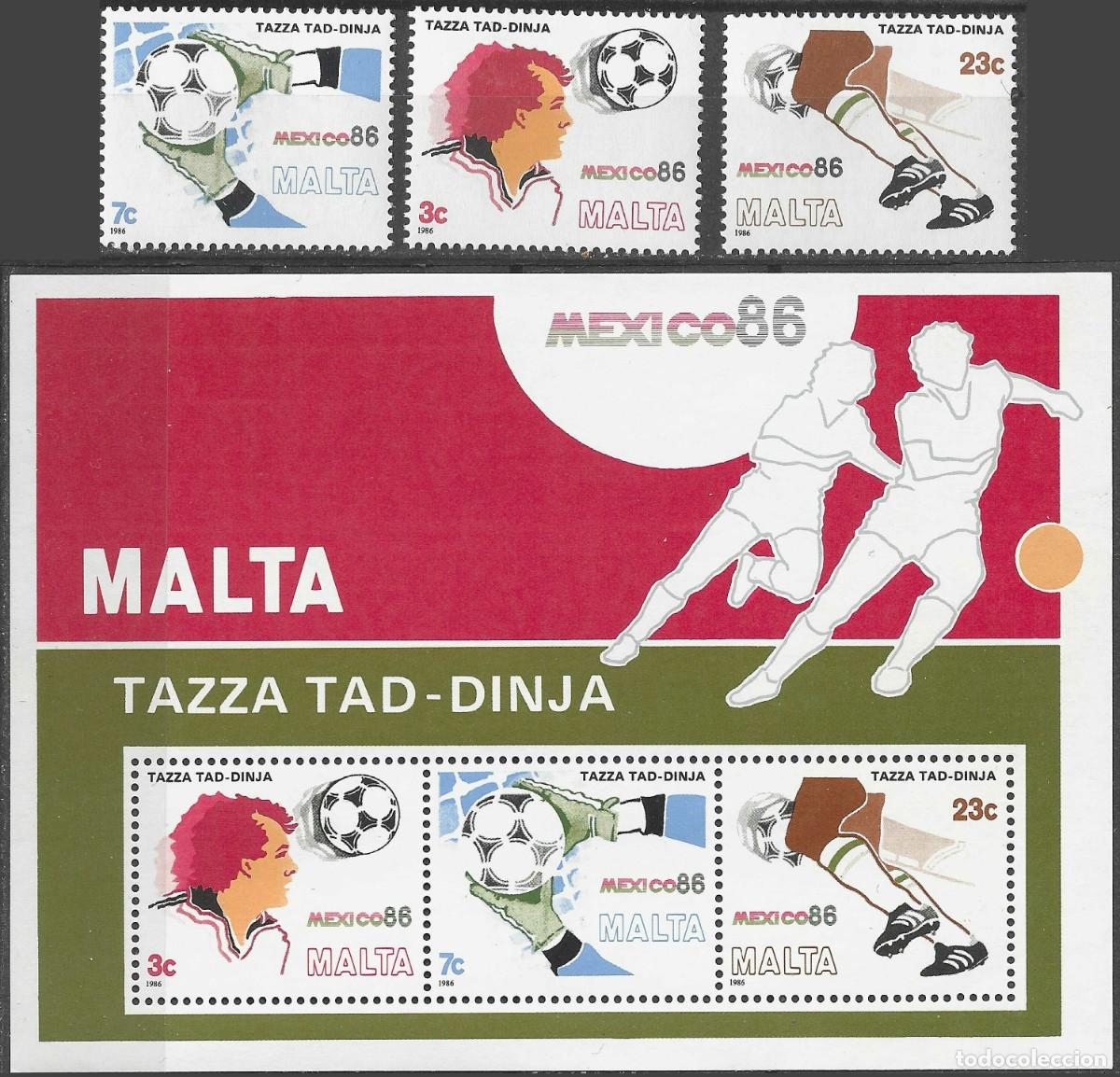 Sellos: MALTA/1986/MNH/SC#679-81, 679-81a/ COPA MUNDIAL DE FUTBOL, MEXICO 86/ FULL SET