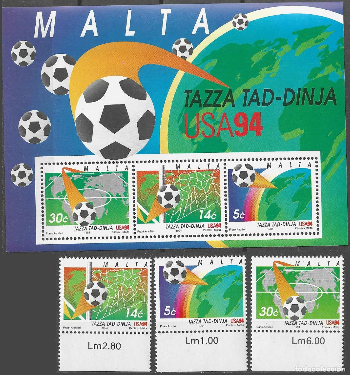 Sellos: MALTA/1994/MNH/SC#836-8, 836-8a/ CAMPEONATO MUNDIAL DE FUTBOL, USA 94/ FULL SET