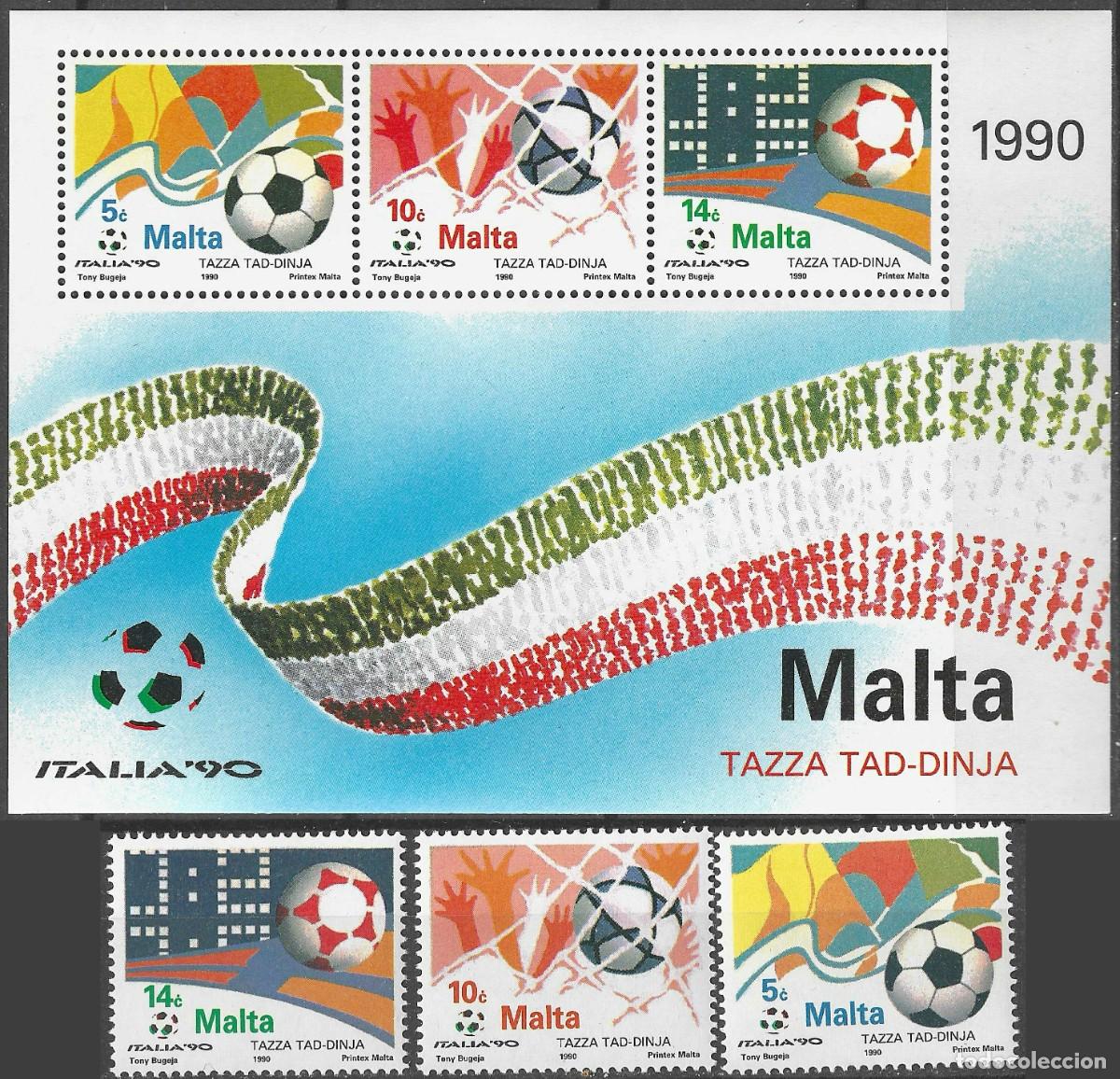 Sellos: MALTA/1990/MNH/SC#761-3, 761-3a/ CAMPEONATO MUNDIAL DE FUTBOL, ITALIA 90/ FULL SET