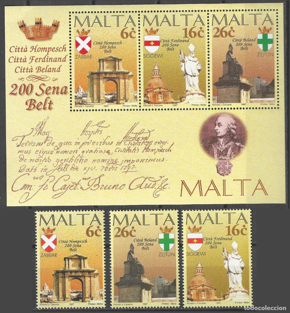 Sellos: MALTA/1997/MNH/SC#908-10, 908-10a/ CIUDAD BICENTENARIA/ ARQUITECTURA/ ESCULTURA/ FULL SET