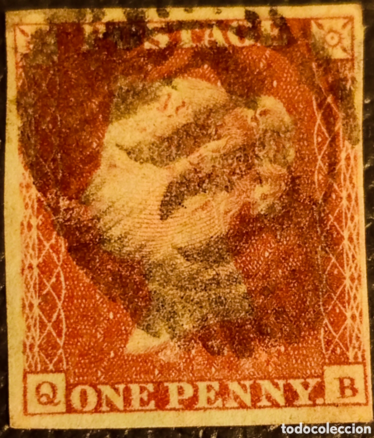 Sellos: GB 1843 1d Penny Red Imperforado Plancha 36 Letras QB Cat. SG 8 Usado 4 M&aacute;rgenes M agua baja