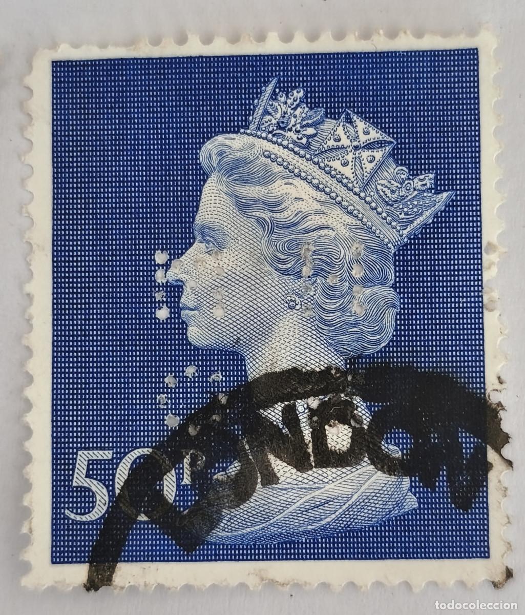 Sellos: USADO GB 1970 - Reina Queen Elizabeth II VI Machin 50p - Yvert 620 ( Tama&ntilde;o Grande Perforado )