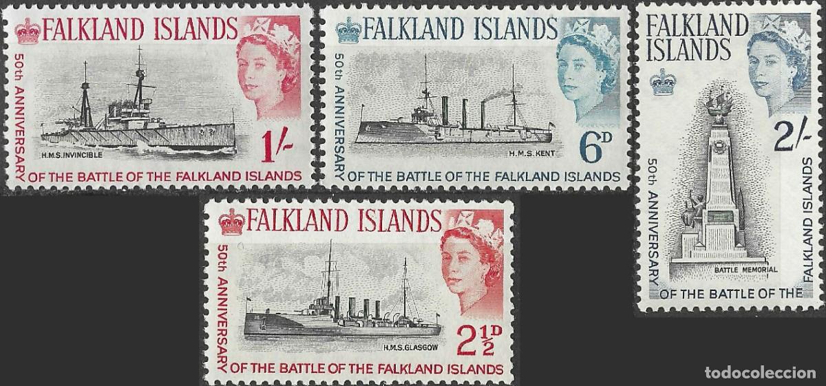 Sellos: FALKLAND ISLANDS/1964/MNH/SC#150-3/ 50&ordm;. ANIV BATALLA DE LAS IS. MALVINAS / BARCOS/ QEII/ FULL SET