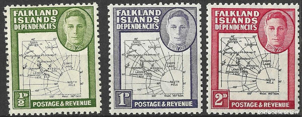 Sellos: FALKLAND ISLANDS/1946/MH/SC#1L1-1L3/ MAPA DE FALKLAND ISLANDS / DEPENDENCIAS / REY JORGE VI / KGVI