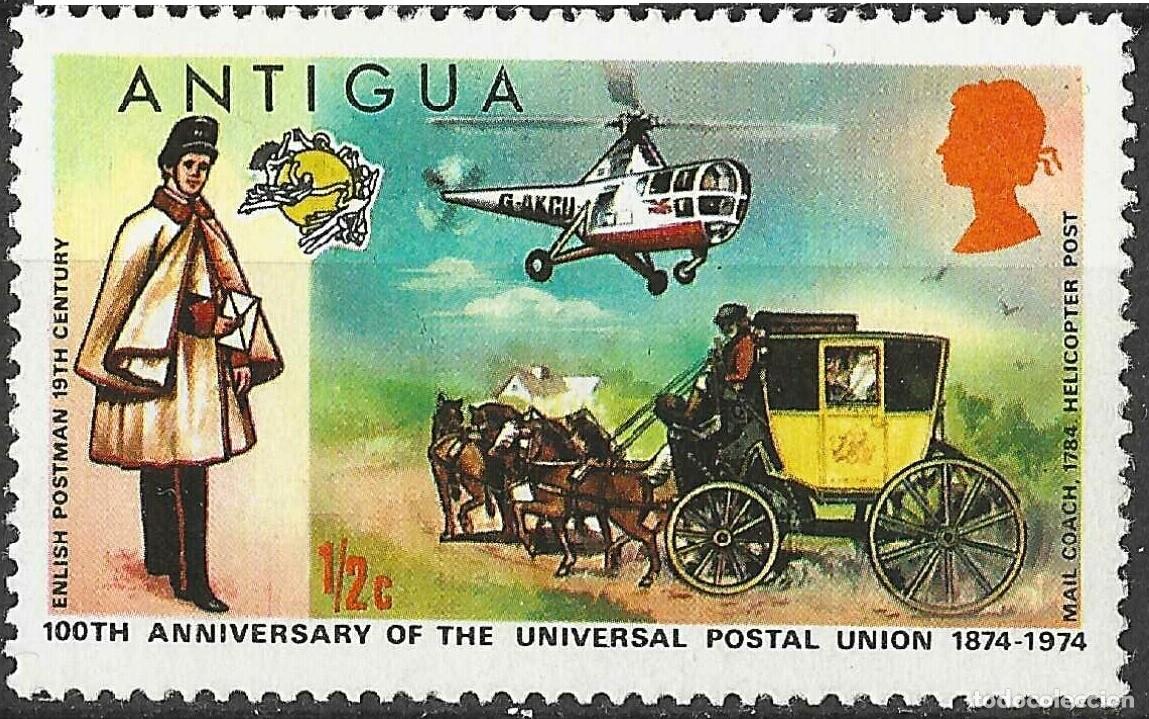 Sellos: ANTIGUA/1974/MNH/SC#334/ CENTENARIO DE UPU / 1/2c CARTERO, HELICOPTERO
