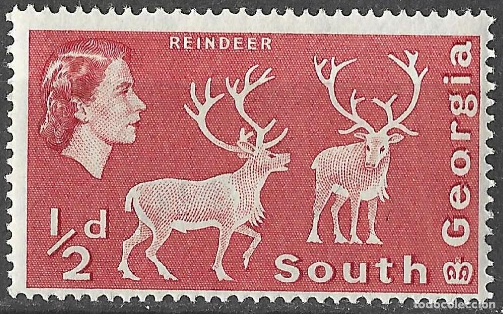 Sellos: SOUTH GEORGIA/1963-9/MH/SC#1/ REINA ELIZABETH II /QEII / ANIMALES/ 1/2p ROJO PALIDO, REINDEER