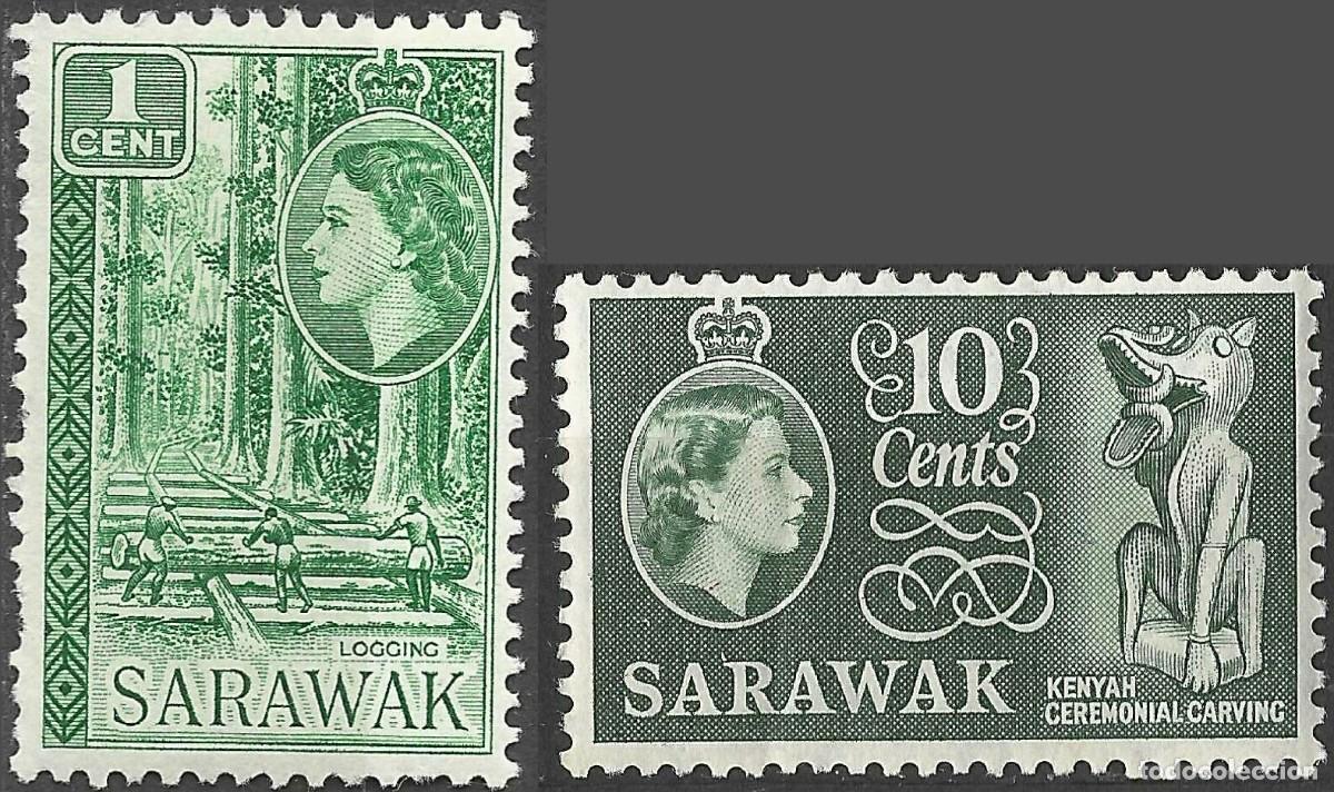 Sellos: SARAWAK/1955-7/MNH/SC#197, 202/ REINA ELIZABETH II /QEII / PAISAJES