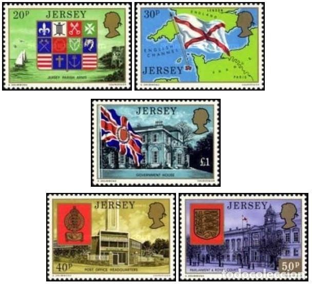 Sellos: Jersey 1976, SW142/46 &rdquo;Infraestructuras de Jersey&rdquo;./ Nuevos, sin charnela, MNH.