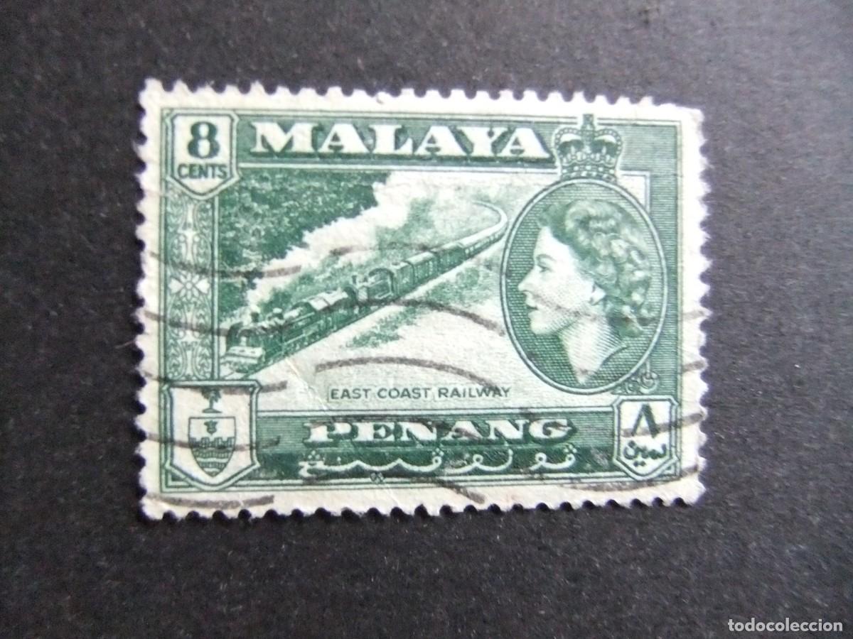 Sellos: 43 PENANG 1957 / FERROCARRIL de la COSTA ESTE y REINA ISABEL II / YVERT 42 FU