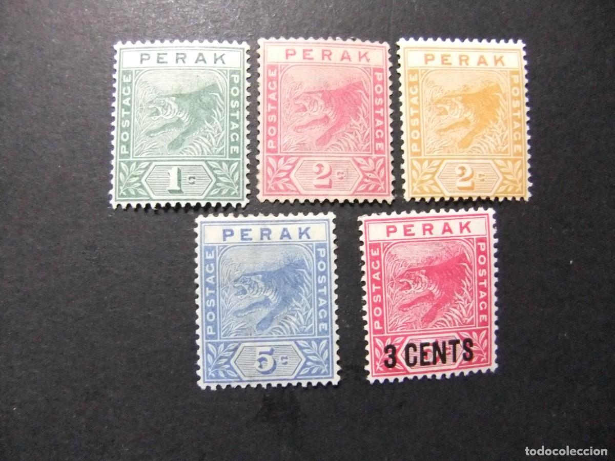Sellos: 43 PERAK 1890 1895 / TIGRE / YVERT 13 / 17 MH fil. corona CA dent. 14