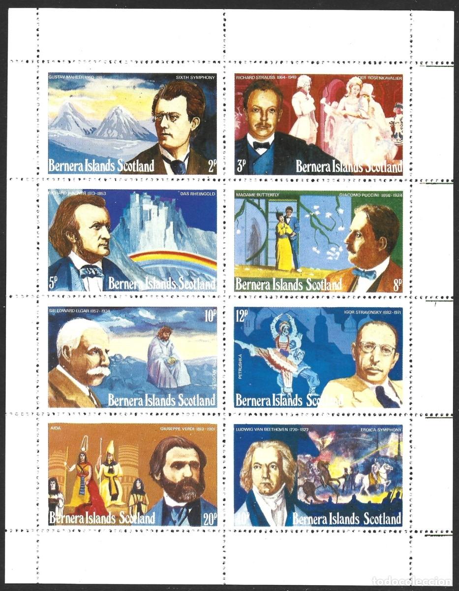 Sellos: GB LOCAL BERNERA 1978 SHEET MNH VERDI PUCCINI WAGNER STRAUSS BEETHOVEN STRAVINSKI COMPOSITORES