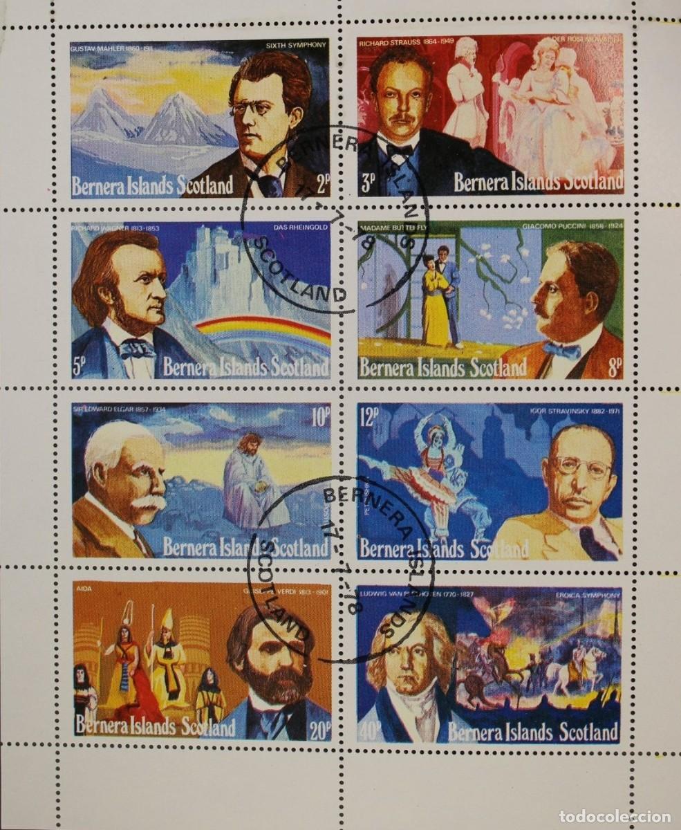 Sellos: GB LOCAL BERNERA 1978 SHEET USED MNH VERDI PUCCINI WAGNER STRAUSS BEETHOVEN STRAVINSKI COMPOSITORES