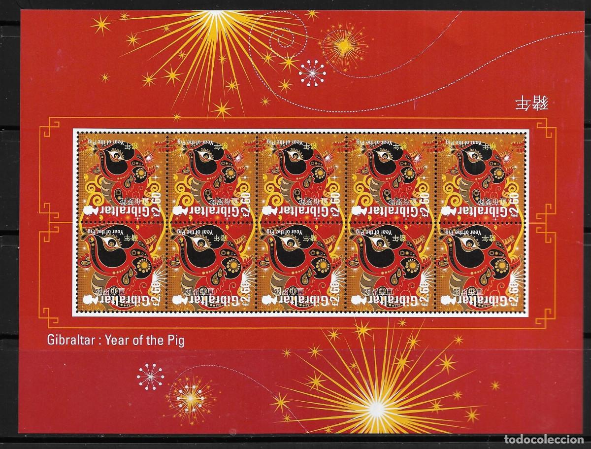 Sellos: GIBRALTAR 2019, HOJA BLOQUE DE 10 VALORES Mi. 1894/95 - A&Ntilde;O DEL CERDO. MNH.