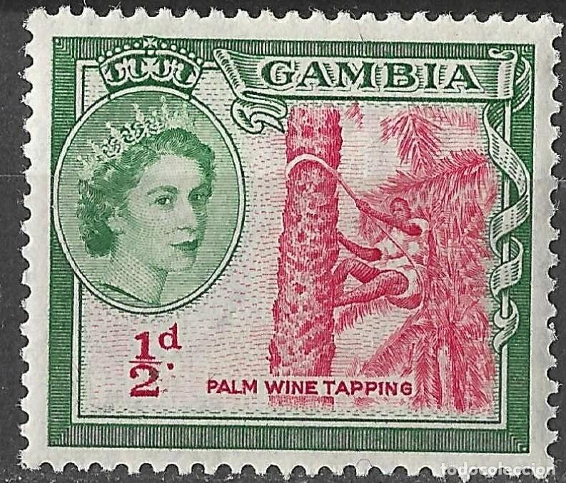 Sellos: GAMBIA/1953/MNH/SC#153/ REINA ELIZABETH II/ QEII / PALM WINE TAPPING/ 1/2p VERDE OSC & CARMIN