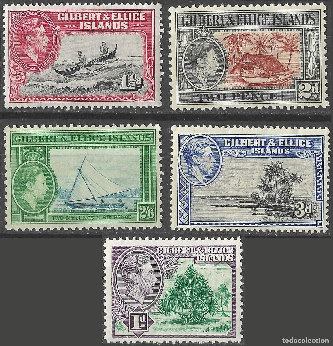 Sellos: GILBERT & ELLICE ISLANDS/1939/MNH/SC#40-2, 45, 50/ REY JORGE VI / KGVI/ PAISAJE/ 3p MH