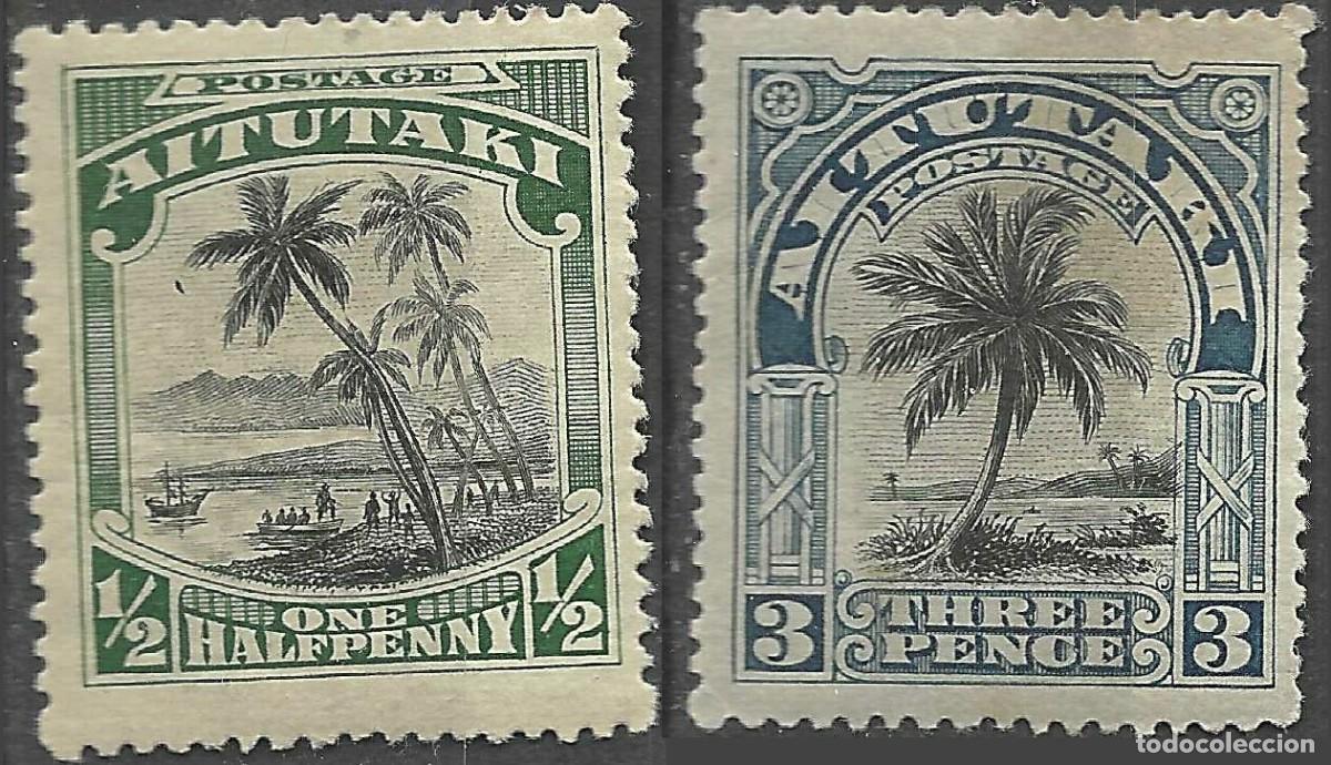 Sellos: AITUTAKI/1920/MH/SC#28, 31/ LLEGADA DEL CAPITAN COOK/ PALMERA