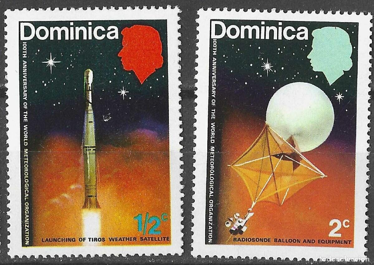 Sellos: DOMINICA/1973/MNH/SC#354, 356/ COOPERACION INTL METEOROLOGICA CENT/ ESPACIO/ COHETE/ SATELITE