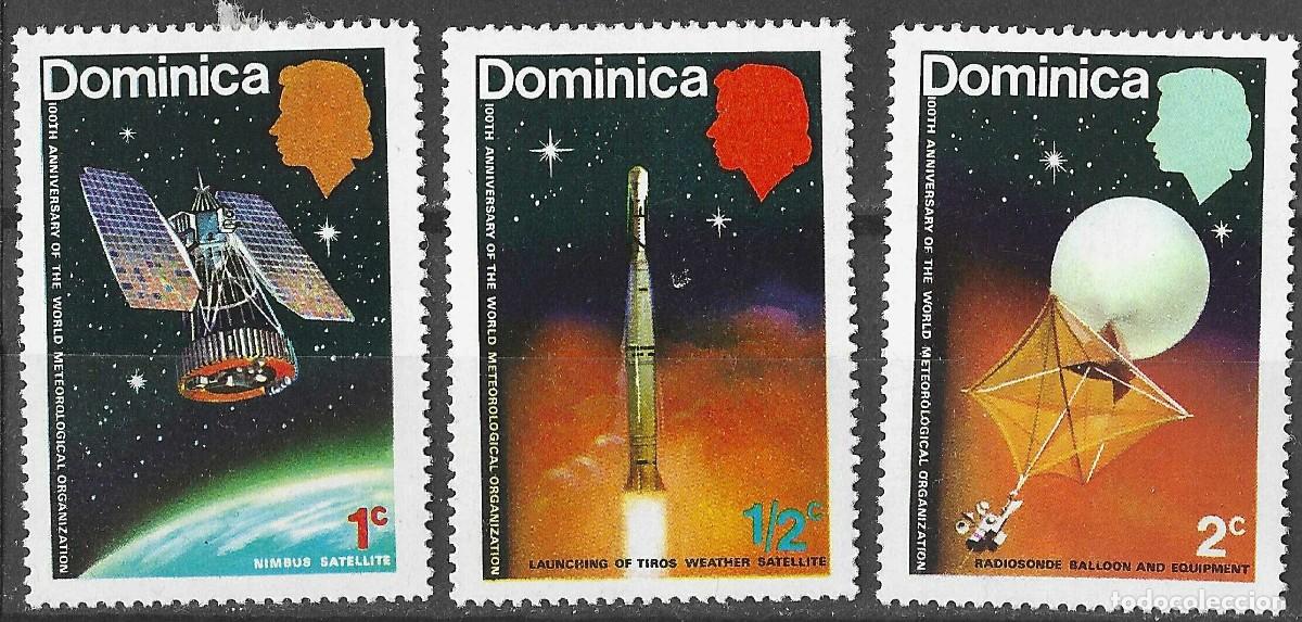 Sellos: DOMINICA/1973/MNH/SC#354-6/ COOPERACION INTL METEOROLOGICA CENT/ ESPACIO/ COHETE/ SATELITE