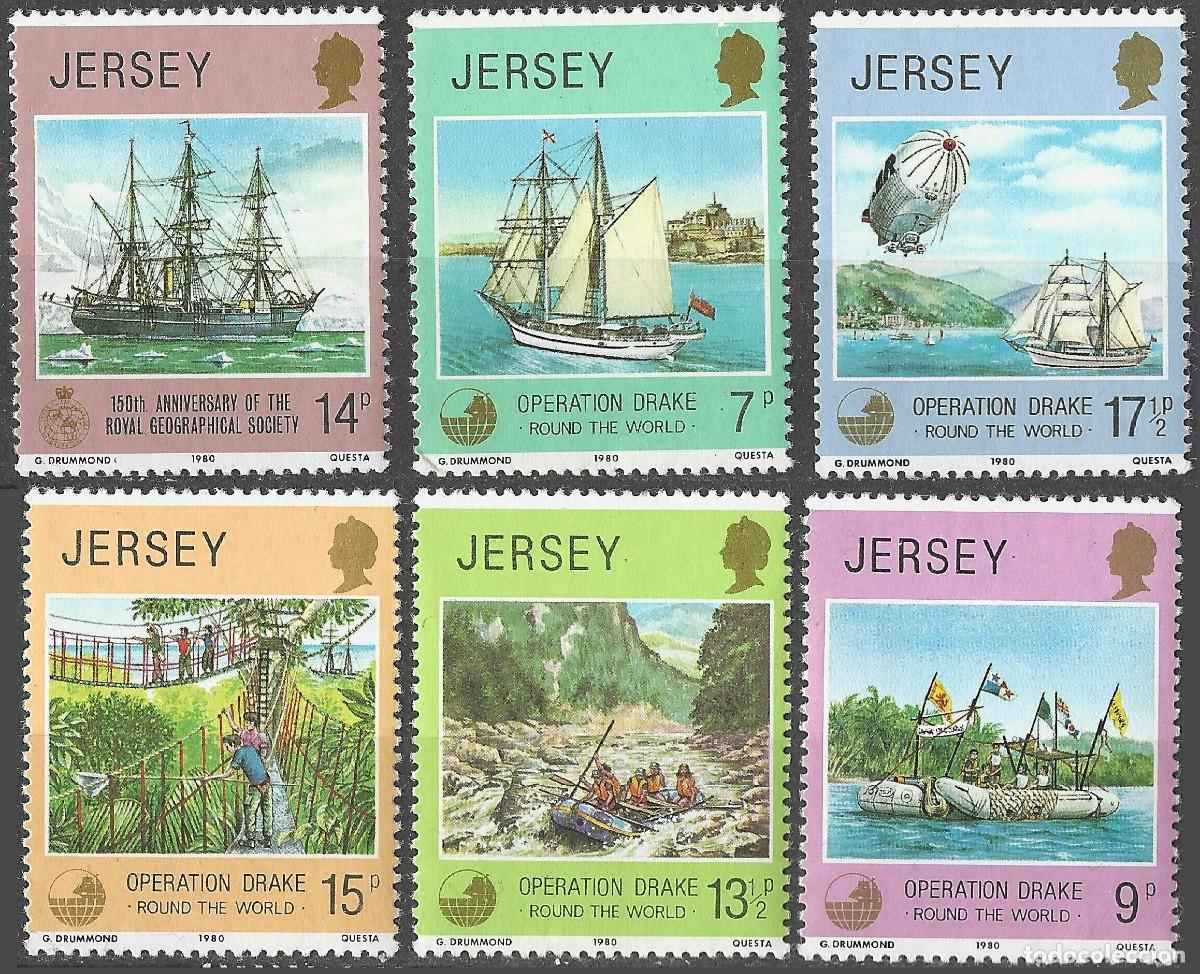 Sellos: JERSEY/1980/MNH/SC#236-41/ OPERACION DRAKE, VUELTA AL MUNDO/ BARCOS/ FULL SET