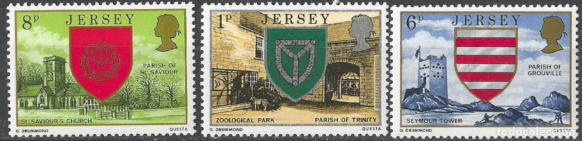 Sellos: JERSEY/1976-7/MNH/SC#138, 140, 142/ ESCUDO DE ARMAS/ IGLESIAS