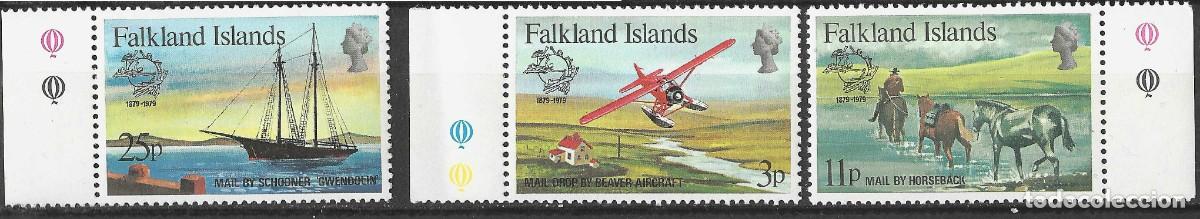 Sellos: FALKLAND ISLANDS/1979/MNH/SC#295-7/ CENT. MEMBRESIA UPU / AVION/ BARCO/ CABALLOS/ FULL SET