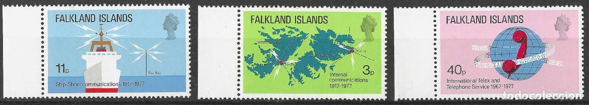 Sellos: FALKLAND ISLANDS/1977/MNH/SC#257-9/ TELECOMUNICACIONES/ BARCOS/ MAPA MUNDIAL/ FULL SET