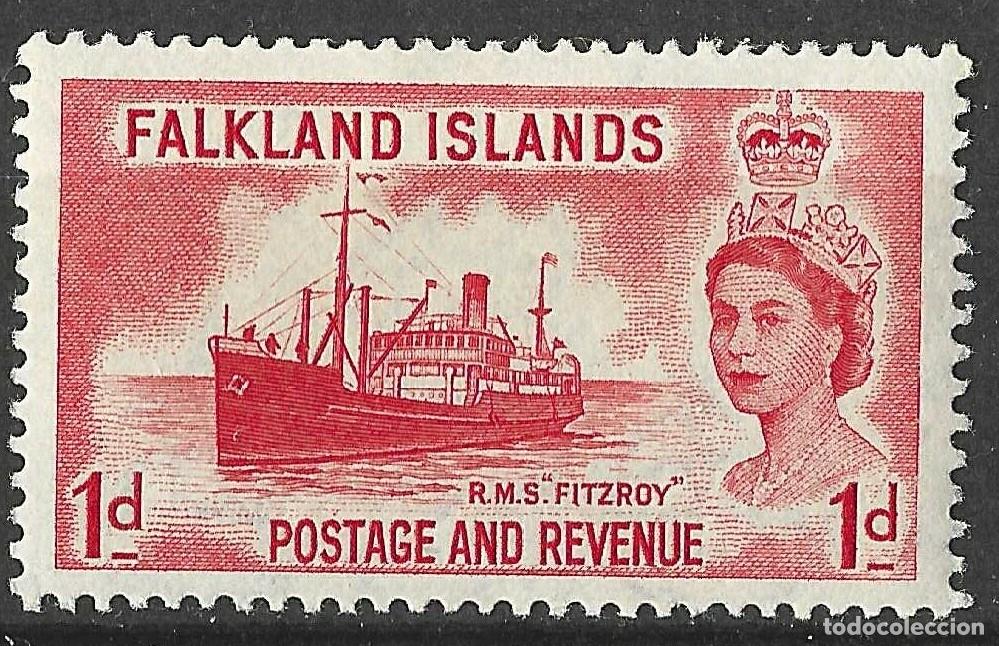 Sellos: FALKLAND ISLANDS/1955-7/MH/SC#123/ REINA ELIZABETH II/ QEII/ BARCOS/ 1p ROJO RMS FITZROY