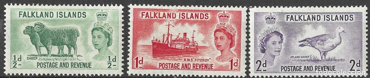Sellos: FALKLAND ISLANDS/1955-7/MH/SC#122-4/ REINA ELIZABETH II/ QEII/ OVEJA/ REALEZA/ BARCO/ 1/2p MNH
