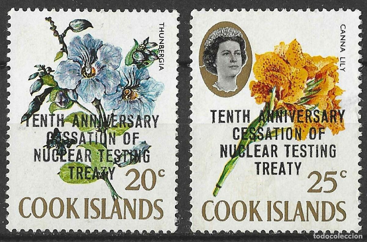 Sellos: COOK ISLANDS/1973/MNG/SC#354-5/ REINA ELIZABETH II/ QEII/ FLORES / 25c PAPEL DELGADO