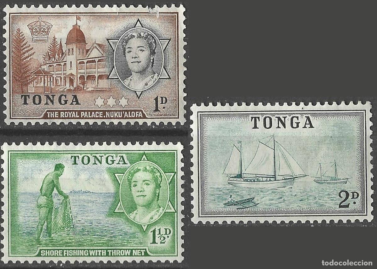 Sellos: TONGA/1953/MH/SC#100-3/ REINA SALOTE/ PALACIO REAL/ PESCADOR/ BOTE/ 1p DA&Ntilde;ADA