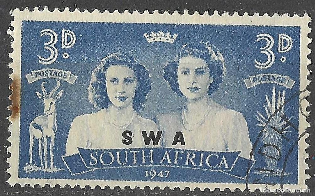 Sellos: SOUTH WEST AFRICA/1947/USED/SC#158a/ REY JORGE VI / KGVI / VISITA REAL 3P AZUL OSC/ MANCHA DE OXIDO