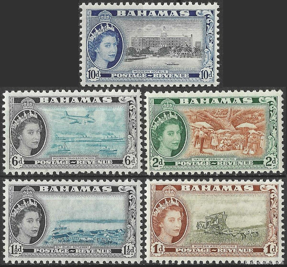 Sellos: BAHAMAS/1954/MH/SC#159-61, 165, 167/ REINA ELIZABETH II / QEII / AVION / BARCOS / AGRICULTURA
